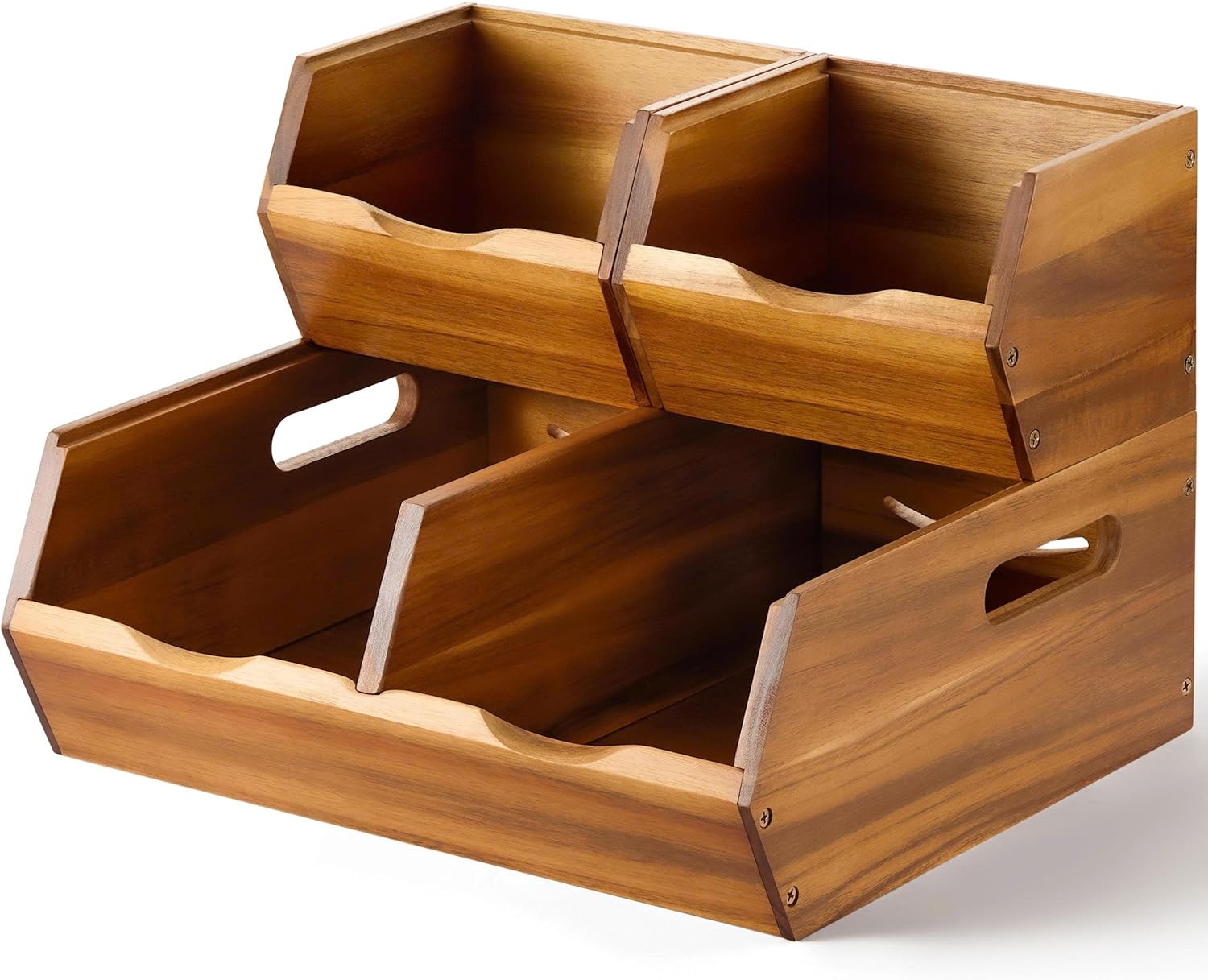 Acacia Wood Pantry Storage Bins – Stackable Open Front Kitchen Baskets for Potato, Onion, Fruit, Bread & More – Rustic Wooden Basket for Pantry - Easy Assembly with Tools & Hardware Included