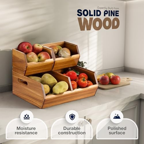 Acacia Wood Pantry Storage Bins – Stackable Open Front Kitchen Baskets for Potato, Onion, Fruit, Bread & More – Rustic Wooden Basket for Pantry - Easy Assembly with Tools & Hardware Included - Image 3