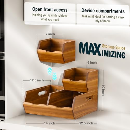 Acacia Wood Pantry Storage Bins – Stackable Open Front Kitchen Baskets for Potato, Onion, Fruit, Bread & More – Rustic Wooden Basket for Pantry - Easy Assembly with Tools & Hardware Included - Image 4