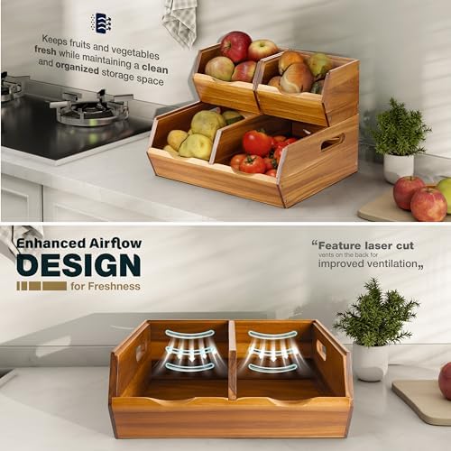 Acacia Wood Pantry Storage Bins – Stackable Open Front Kitchen Baskets for Potato, Onion, Fruit, Bread & More – Rustic Wooden Basket for Pantry - Easy Assembly with Tools & Hardware Included - Image 5