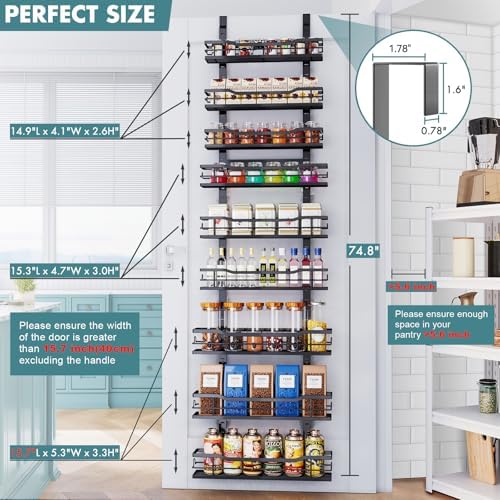 Over The Door Pantry Organizer,9-Tier Over The Door Organizer with Adjustable Basket,Metal Hanging Pantry Organizers and Storage for Kitchen, Back of Door Seasoning Rack (Black) - Image 3